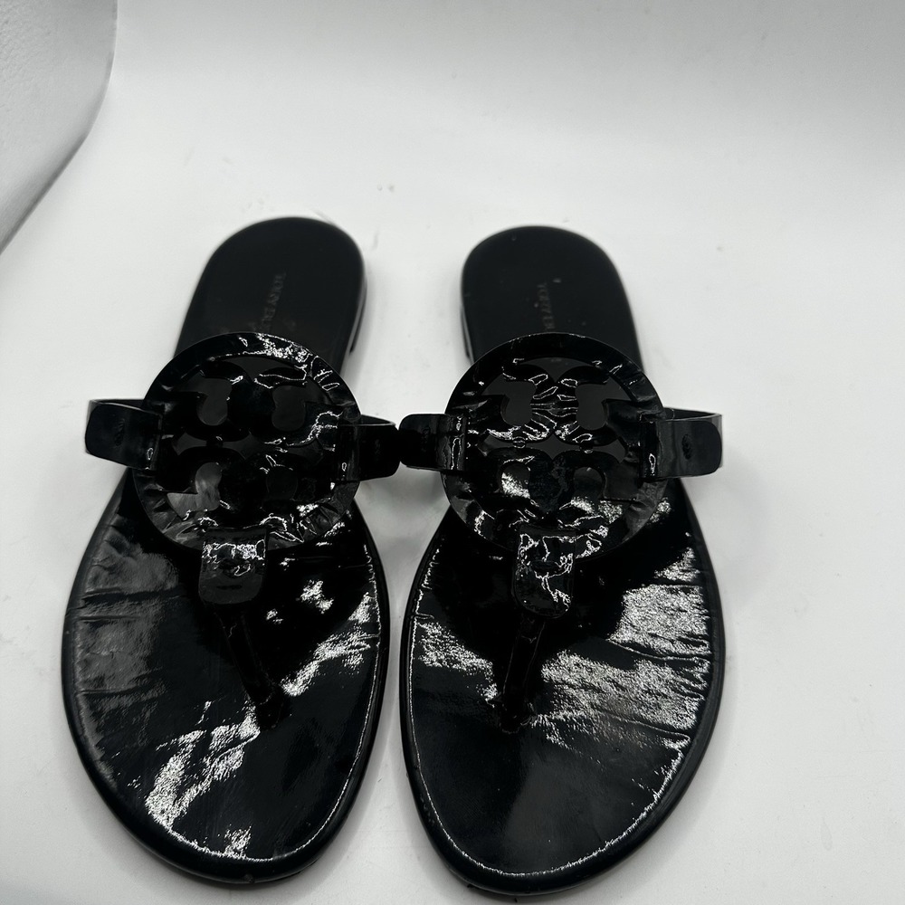 Tory Burch Miller Patent Leather Thong Sandal Logo Accent Black Slip-On US 6.5